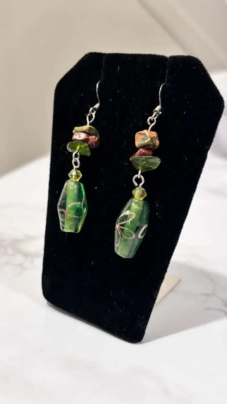 Handcrafted Green Glass Bead Dangle Earrings
